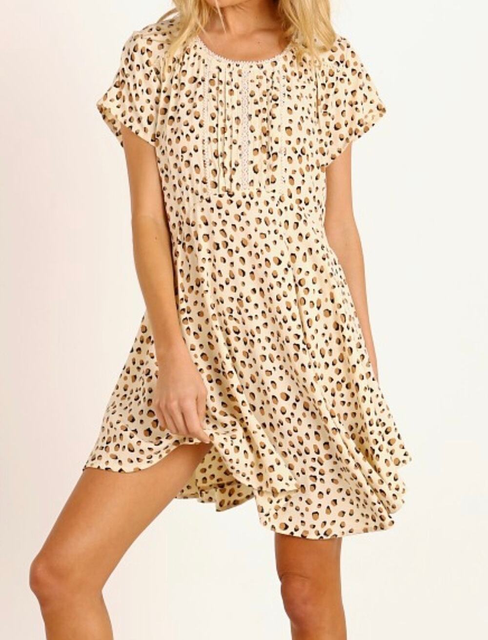 KIVARI Valentina Babydoll Mini Dress in Leopard Size XS